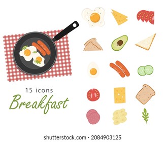 Food, breakfast icons set. Eggs, vegetables, cheese, bread, sausages. Isolated over white background. 