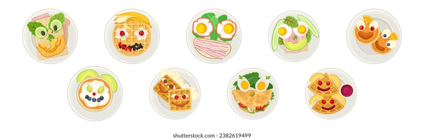 Food for Breakfast for Kids with Served on Plate Top View Vector Set