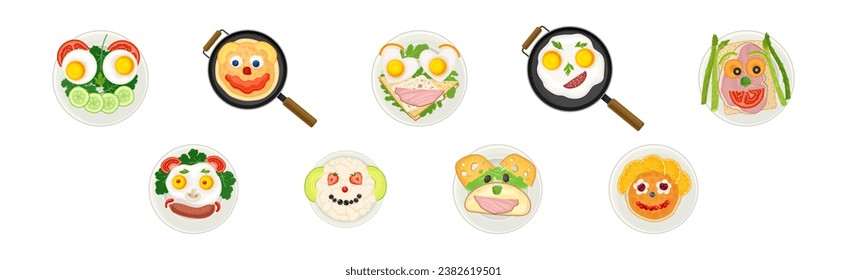 Food for Breakfast for Kids with Served on Plate Top View Vector Set