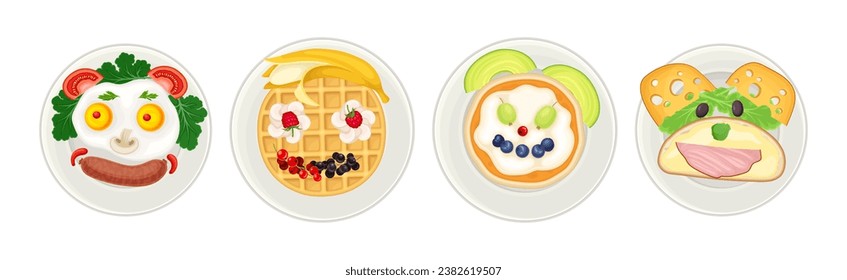 Food for Breakfast for Kids with Served on Plate Top View Vector Set