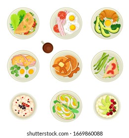 Food for Breakfast with Pancakes and Scrambled Eggs Served on Plate Top View Vector Set