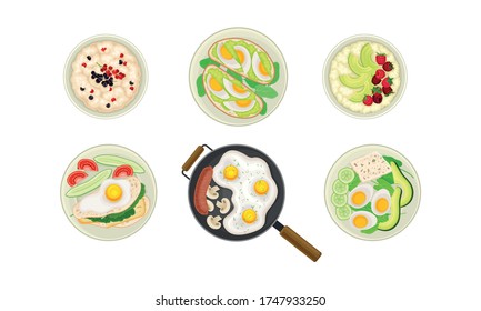 Food for Breakfast with Porridge and Pancakes and Scrambled Eggs Rested in Frying Pan Top View Vector Set