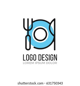 Food, breakfast, restaurant logo design concept. Plate, fork and knife icon. Vector logo isolated on white background