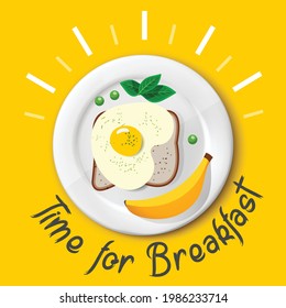 Comida Desayuno. Desayuno delicioso Plata con Huevo frito, Banana, Pan, Ensalada.  Comida matutina de primera vista. Ilustración vectorial.  Fondo amarillo con lugar para texto en estilo retro.