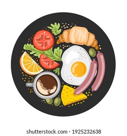 Food Breakfast set. Plate with fried Egg, tomato, salad, sausage, croissant, olives, cheese, coffee mug, orange. Top view mornimg meal. Vector illustration