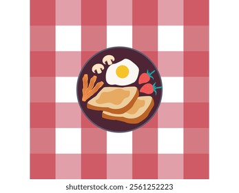 Food Breakfast set. Plate with fried Egg, tomato, salad, sausage, croissant, olives, cheese, coffee mug, orange. Top view mornimg meal. Vector illustration