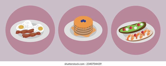 Food: a breakfast set that includes: scrambled eggs with bacon, pancakes on bruschetta. Vector illustrationVector Illustration EPS10