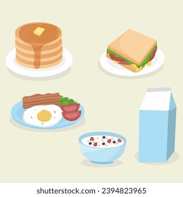 Food for breakfast, sunny side up egg,  cereal strawberries, sandwich and pancake