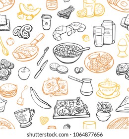 Food for breakfast. Vector seamless pattern of food sketches on a white background