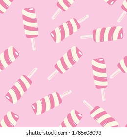 Food bright seamless pattern with twister ice cream. Pastel pink background. Vector illustration. Designed for wallpaper, textile, wrapping paper, fabric print.