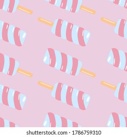 Food bright seamless pattern with twister ice cream. Pastel pink background. Vector illustration. Designed for wallpaper, textile, wrapping paper, fabric print.