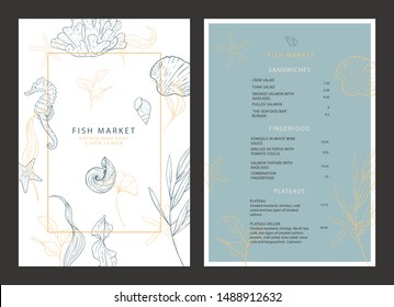 Food brochure for a fish restaurant. Seafood. Menu template. Vector design menu with marine elements: algae, shells, seahorse, corals.
