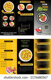 Food Brochure Trifold black  Background List Menu brochure folder fast food element design Corporate Tri Fold Brochure vector illustration. Vector triple folding brochure for business and advertising.