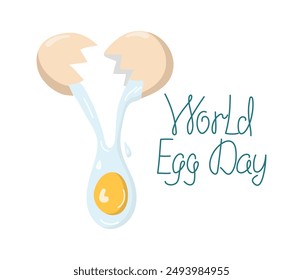 Food. Broken chicken egg, cooking scrambled eggs. World Egg Day, hand lettering. Eggshell. Natural nutrition. Vector illustration, isolated background.