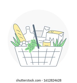 Food bucket, order food or grocery online. Fast delivery, organic eco products. Flat thin line vector illustration on white. Can be used for advertisement, website, infographic, game or mobile apps.