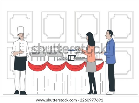 Food Buffet Catering Dining Eating Party Sharing Concept. people group catering buffet food indoor in luxury restaurant with meat colorful fruits and vegetables