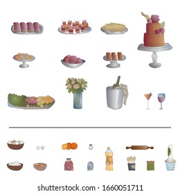 Food for a buffet table. Cake, snacks, a bucket of wine, glasses, a vase of flowers. Ingredients for cooking.
