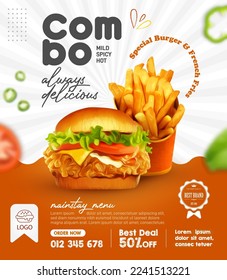 Food burger and french fries social media post design template