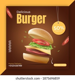 food or burger social media post template. editable social post banner ads. illustration vector with realistic burger