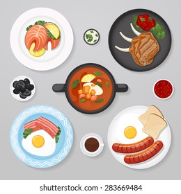 Food business flat lay idea. Dinner table icons top view. Business lunch. Plates with food on it