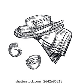 Food, butter, chicken egg on a towel. The process of cooking, all objects are hand-drawn with ink, vector. Suitable for printing on food, store design, and farm products.