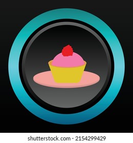Food buttons icons, Strawberries Cupcake in pink saucer in blue neon and black background 