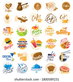 Food cafe logo vector illustration set. Cartoon flat logotype label with lettering collection for fastfood pizzeria, restaurant or cafeteria shop, coffee house emblem, bakery menu isolated on white