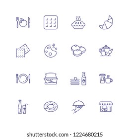Food and cafe staff icons. Set of line icons on white background. Food and catering concept. Biscuits, cheese, cafe, pie. Vector illustration can be used for topics like catering, food, restaurant