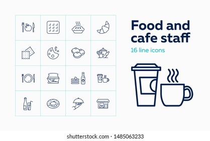 Food and cafe staff icons. Set of line icons on white background. Food and catering concept. Biscuits, cheese, cafe, pie. Vector illustration can be used for topics like catering, food, restaurant