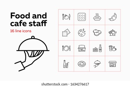 Food and cafe staff icons. Set of line icons on white background. Food and catering concept. Biscuits, cheese, cafe, pie. Vector illustration can be used for topics like catering, food, restaurant
