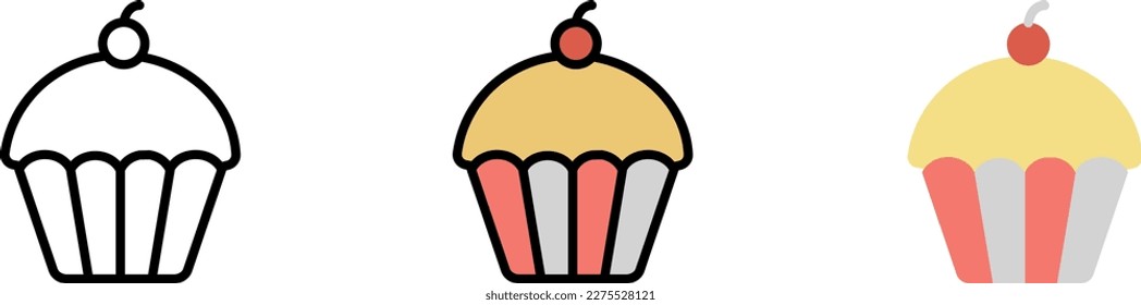 Food cake cherry vector icon in different styles. Line, color, filled outline