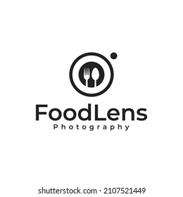 Cámara de alimentos Lente Fotografia Fotógrafo Logo Vector de diseño con Cuchara de horquilla Símbolo de icono espacial negativo