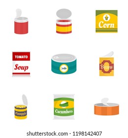 Food can icon set. Flat set of 9 food can vector icons for web design