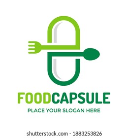 Food capsule vector logo template. This design use spoon and fork . Suitable for medical.