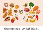 Food. Carbohydrate and protein. Carbs grain, fiber. Meat, cheese and fat. Vitamin avocado, broccoli and fruits. Group category diet. Cereal, complex energy. Healthy unhealthy nutrition. Vector set