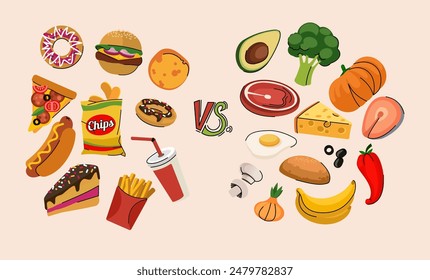 Food. Carbohydrate and protein. Carbs grain, fiber. Meat, cheese and fat. Vitamin avocado, broccoli and fruits. Group category diet. Cereal, complex energy. Healthy unhealthy nutrition. Vector set