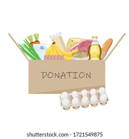 Food in a cardboard box. Charity, assistance to poor people during epidemics and disasters, donations. Vector illustration