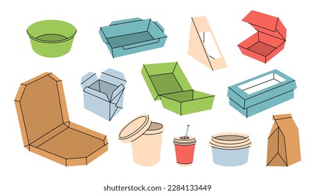 Food cardboard boxes set. Empty cardboard boxes for takeaway food. Paper and plastic delivery containers. Empty take away packages. Recyclable packs