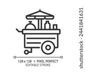 Food cart amusement pixel perfect linear icon. Carnival popcorn stand. Mobile kitchen, fastfood business. Thin line illustration. Contour symbol. Vector outline drawing. Editable stroke