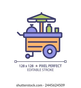 Food cart amusement pixel perfect RGB color icon. Carnival popcorn stand. Mobile kitchen, fastfood business. Isolated vector illustration. Simple filled line drawing. Editable stroke