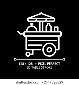 Food cart amusement pixel perfect white linear icon for dark theme. Carnival popcorn stand. Mobile kitchen, fastfood business. Thin line illustration. Isolated symbol for night mode. Editable stroke