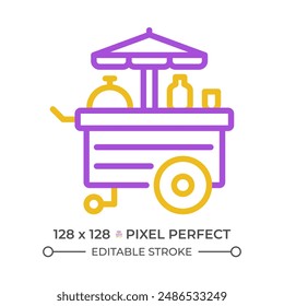 Food cart amusement pixel perfect two color line icon. Carnival popcorn stand. Mobile kitchen, fastfood bicolor outline symbol. Duotone linear pictogram. Isolated illustration. Editable stroke