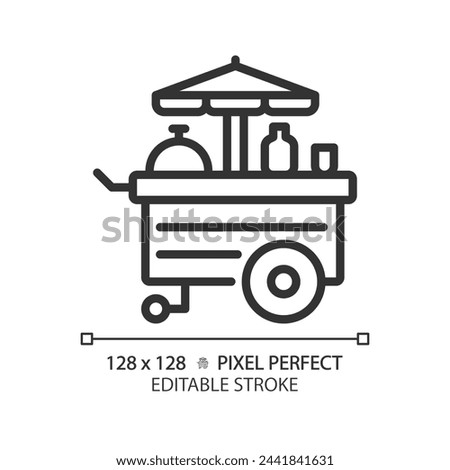 Food cart amusement pixel perfect linear icon. Carnival popcorn stand. Mobile kitchen, fastfood business. Thin line illustration. Contour symbol. Vector outline drawing. Editable stroke