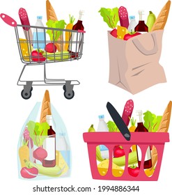 A food cart. A basket and a paper bag with a grocery set from the supermarket. A set with healthy fresh products, an illustration for online shopping. Vector clip art graphic on a white background.