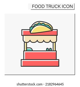 Food cart color icon. Tacos Mexican dishes. Mobile food stands for preparing and selling spicy sandwiches. Fast food cart.Food truck concept. Isolated vector illustration