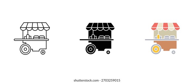 Icono del Carrito de la comida fijado Vector en el fondo blanco, símbolo del vendedor ambulante.