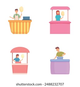 Food cart icons set cartoon vector. Seller of cotton candy near trolley. Amusement park