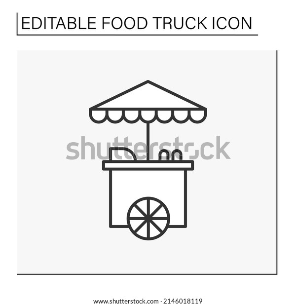 Food cart line icon. Commercial cart to\
sell tasty street food. Mobile retail outlet. Food truck concept.\
Isolated vector illustration. Editable\
stroke