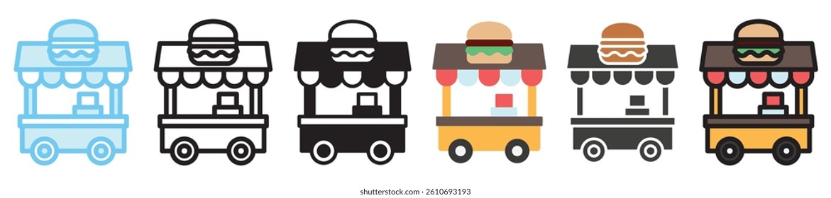 Food Cart multi style, mini illustration icon set. outline, flat, glyph, line color, UI, UX, app and web, digital or print. vector EPS 10 related to street food, food festival.