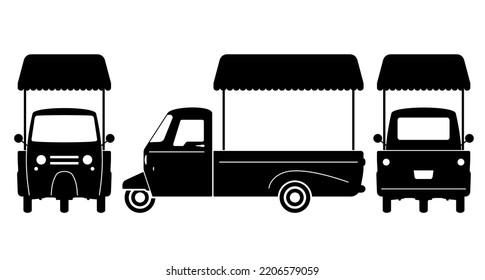 Food cart silhouette on white background. Vehicle icons set view from side, front and back.